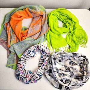 Lot of 4 Scarves Includes Two Infinity and Two Bright Long Versatile Mixed Print